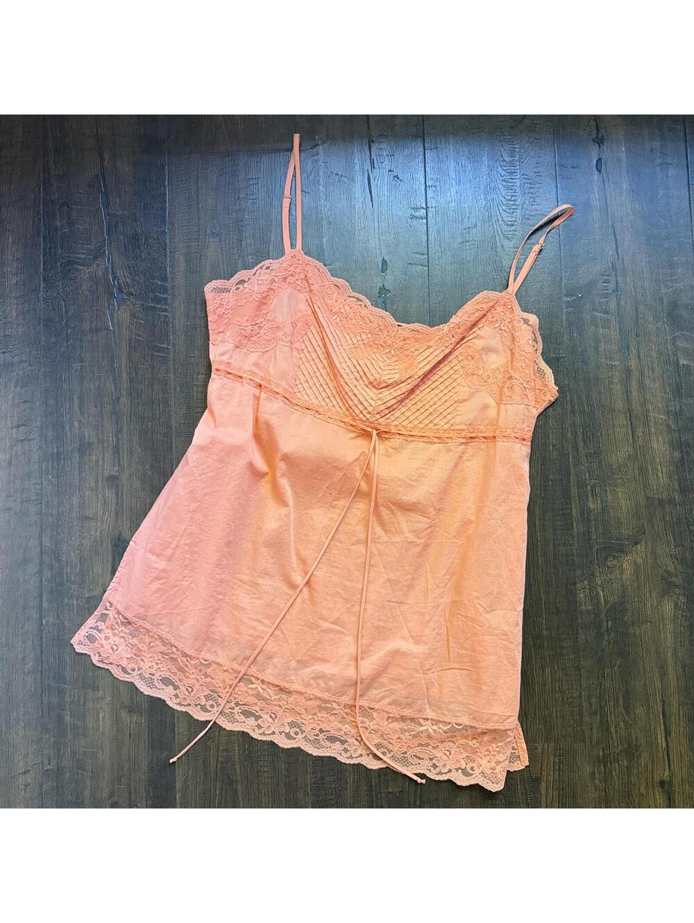 Vintage 90s Y2k Express Top Cotton Linen Coral Lace Sequined Tie Top Waist L *